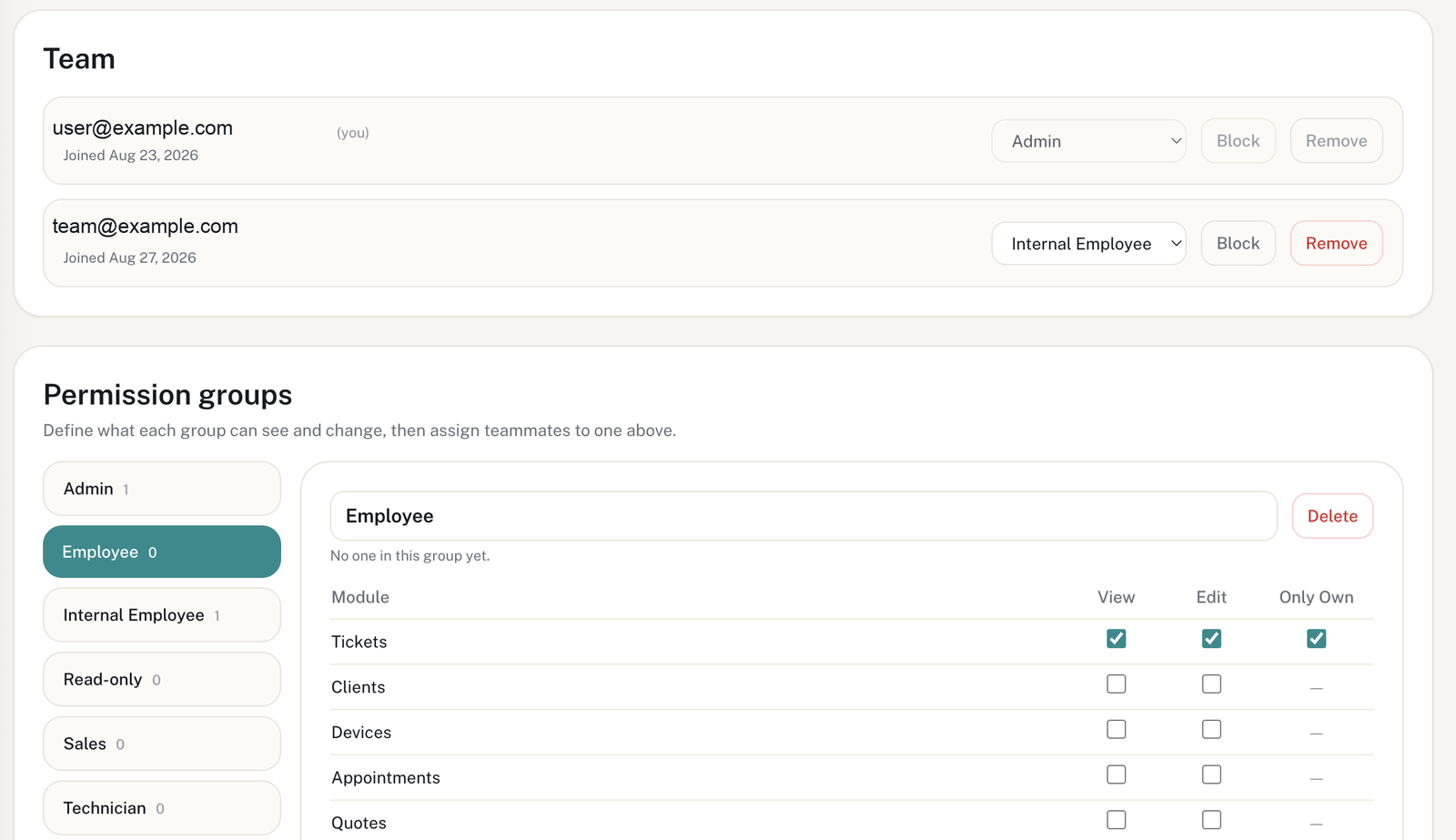 Team and permissions management
