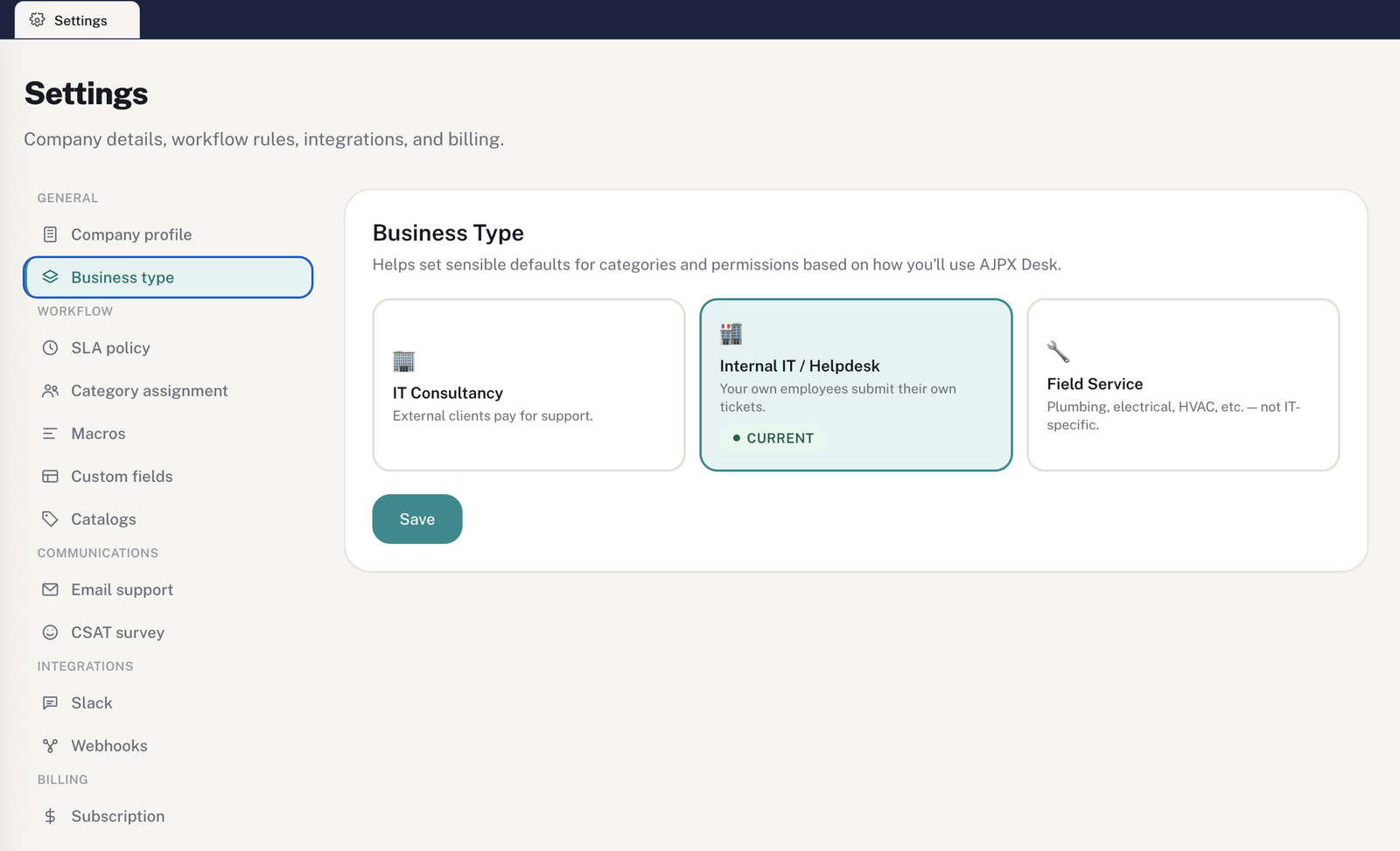 Settings panel