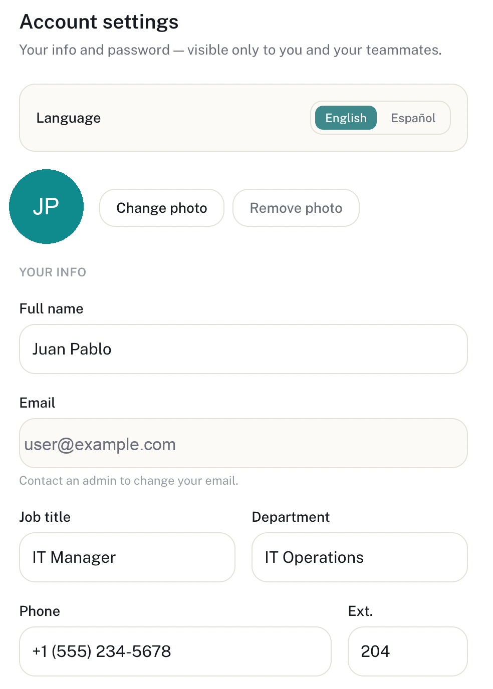 Personal account settings